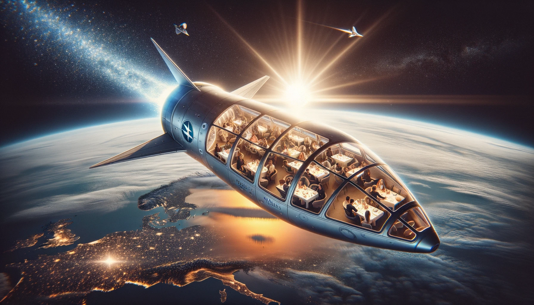 State-of-the-art spacecraft with the 'Rocket Breaks' logo soaring above Earth, illuminated by a distant sunrise. The spacecraft leaves a shimmering trail. Inside its spacious cabin, diverse passengers engage in various activities, from dining to gazing at the celestial view, all in an ambiance of luxury. The caption reads: 'Rocket Breaks - Elevating Your Journey Amongst the Stars in luxury space travel