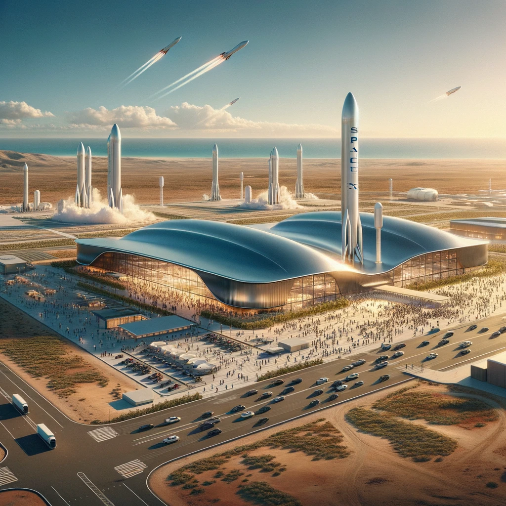A vision of Space X's Texas Starport in a vast desert landscape, featuring sleek, modern buildings with reflective glass facades. Rockets stand ready on launch pads in the distance, while vehicles traverse well-maintained roads. A bustling crowd of diverse individuals can be seen excitedly moving throughout the facility, under the bright sunlight