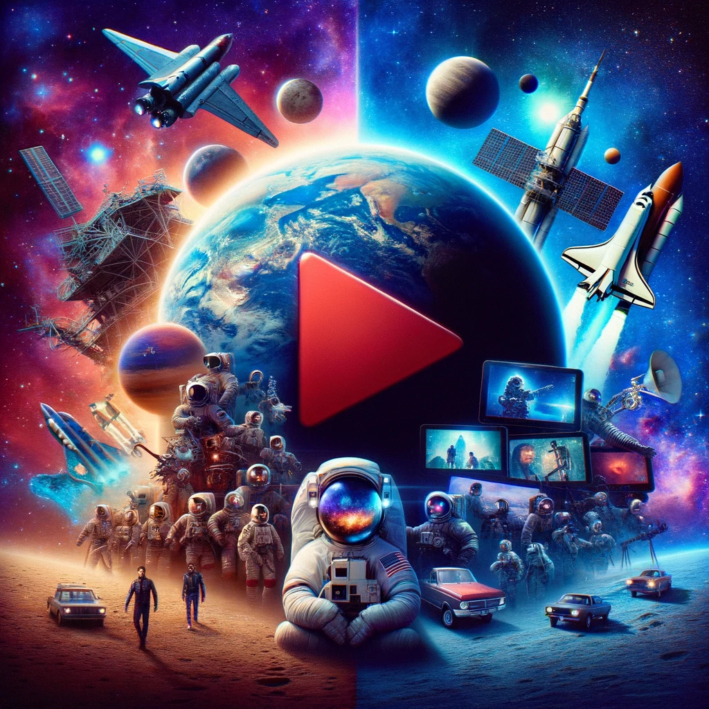 Digital collage juxtaposing space exploration and streaming platforms. A central play button, symbolic of streaming services, merges with celestial elements, surrounded by iconic spacecrafts and scenes from space-themed shows. A rocket overlaps the play button, emphasizing the fusion of entertainment and the cosmos, set against a backdrop of celestial blues, purples, and streaming platform reds