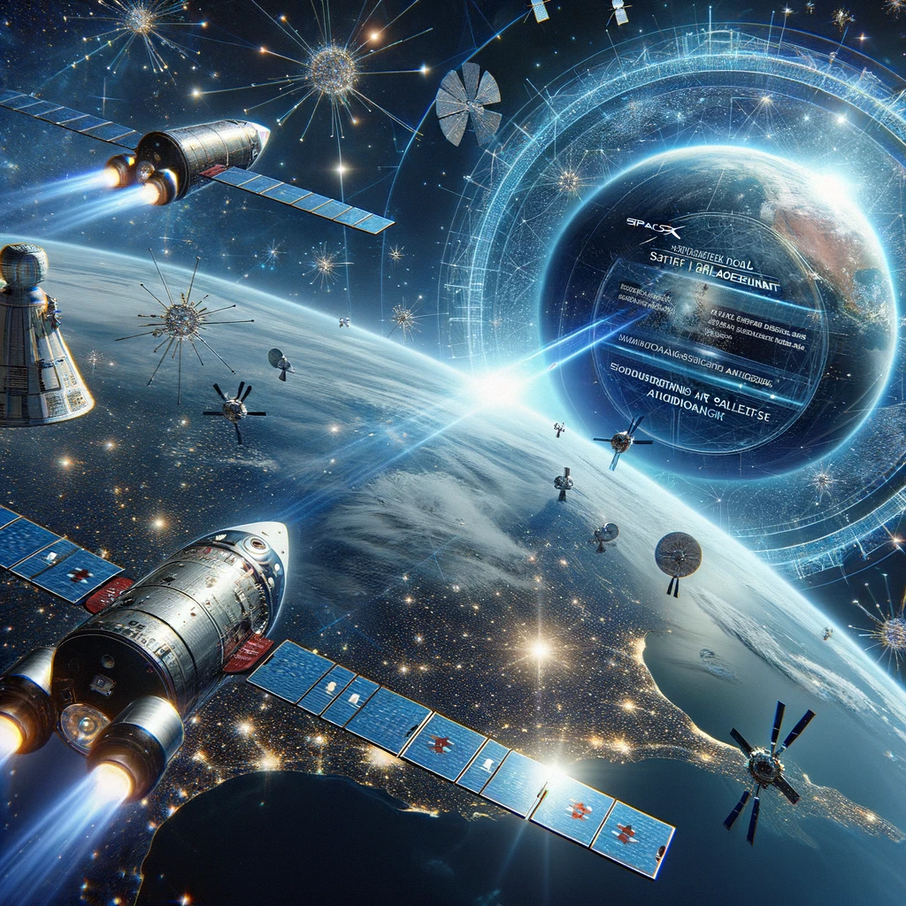 A vast cosmic scene showcasing two spacecrafts, one with the SpaceX logo and the other with NASA's emblem, nearing each other against a starry backdrop. A holographic document titled 'SpaceX and NASA Safety Agreement' floats between them. To the side, Starlink satellites orbit a blue planet representing Earth, with radiant beams symbolizing global communications. A floating banner proclaims 'Pioneering a Safer Future in Space