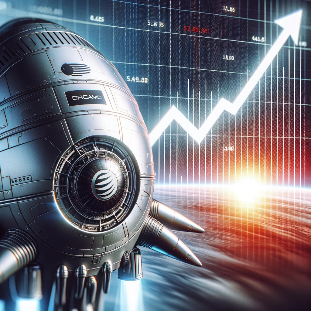 Close-up of a sleek spacecraft symbolizing space tourism, with a distinct company logo. In the backdrop, a subtle rising stock chart indicates financial prosperity, blending the themes of futuristic space exploration and economic growth