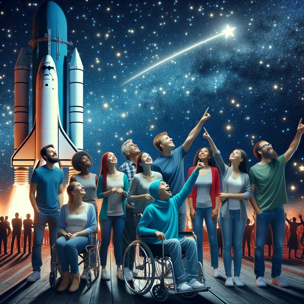 Group of diverse individuals looking up at the starry night sky, with one person in a wheelchair pointing at a shooting star, and a futuristic spacecraft in the background ready for launch, symbolizing inclusive space exploration