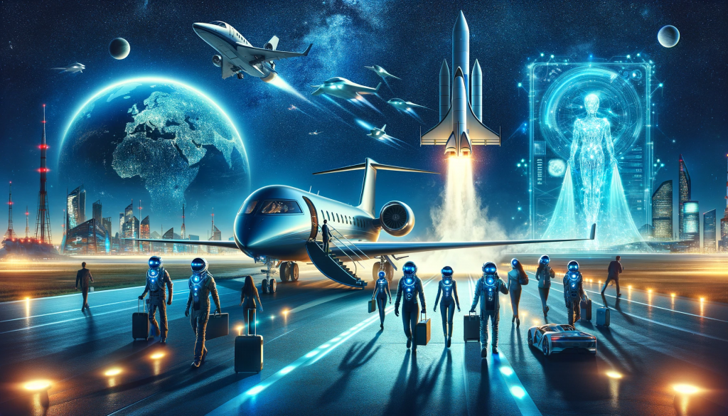 Excited travelers in space training gear board a luxury jet with the Rocket Breaks logo for Space Travel Experiences 2021. The runway extends towards a starry night sky. In the background, a lit globe highlights destinations like Russia, next to a holographic zero-gravity flight simulation. A rocket launches into space on one side of the image, set against a backdrop of deep blues and teals, capturing the vastness and wonder of space exploration