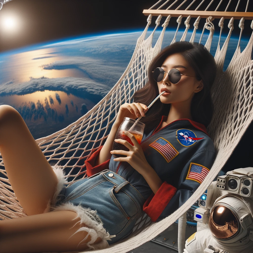 a-young-Asian-female-astronaut-relaxing-on-a-space-hammock-against-the-backdrop-of-Earth.-Shes-in-casual-holiday-attire-with-sunglasses