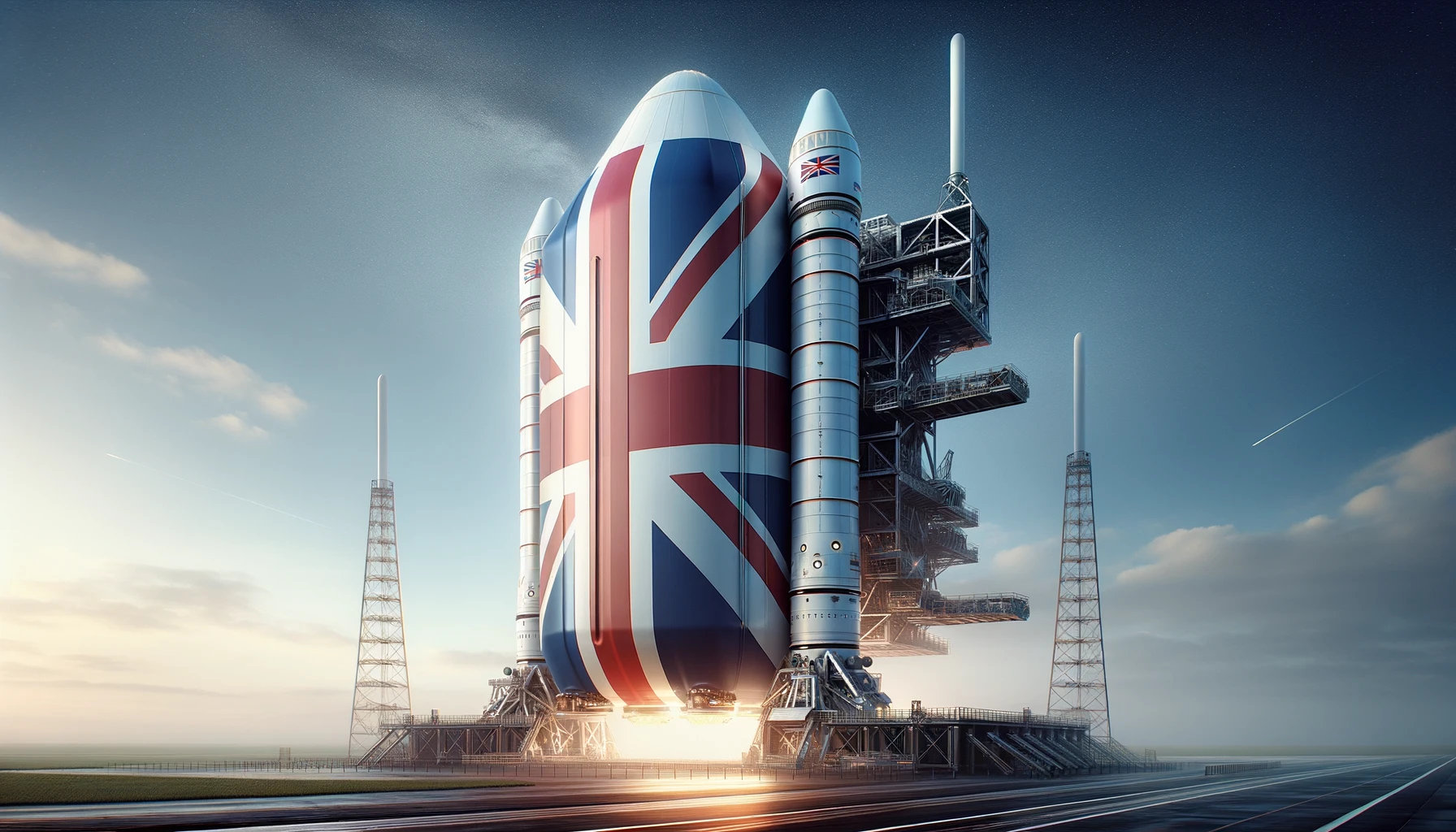 A series of representations showcasing a modern spacecraft, prominently featuring the Union Jack, stationed on a launch pad under a pristine blue sky. Each image evokes a sense of anticipation and national pride as the UK prepares for its inaugural all-British space mission