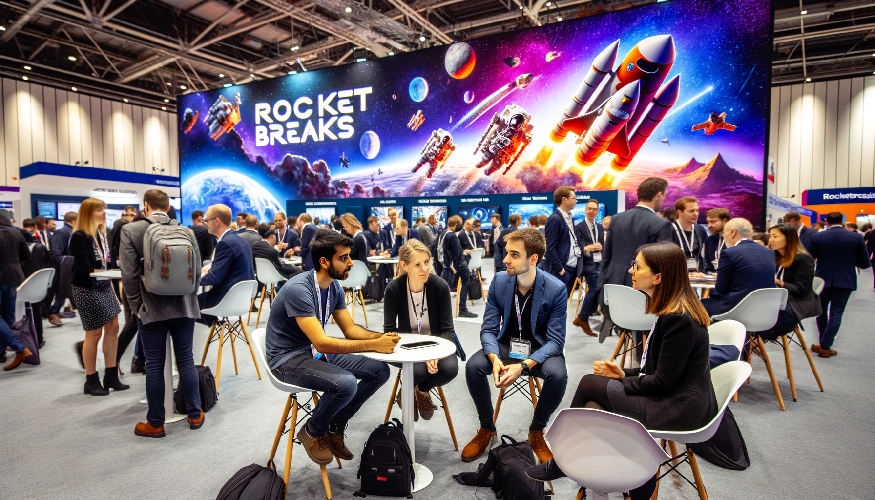 An animated scene from the RocketBreaks Business Show at London's Excel Centre. The image vividly portrays the bustling RocketBreaks booth, filled with a diverse group of visitors and team members. In the foreground, a Caucasian woman and an Asian man, identified as RocketBreaks directors, are actively conversing with attendees about space tourism. The backdrop is adorned with striking space-themed visuals and interactive exhibits, showcasing RocketBreaks' innovative approach to space travel experiences