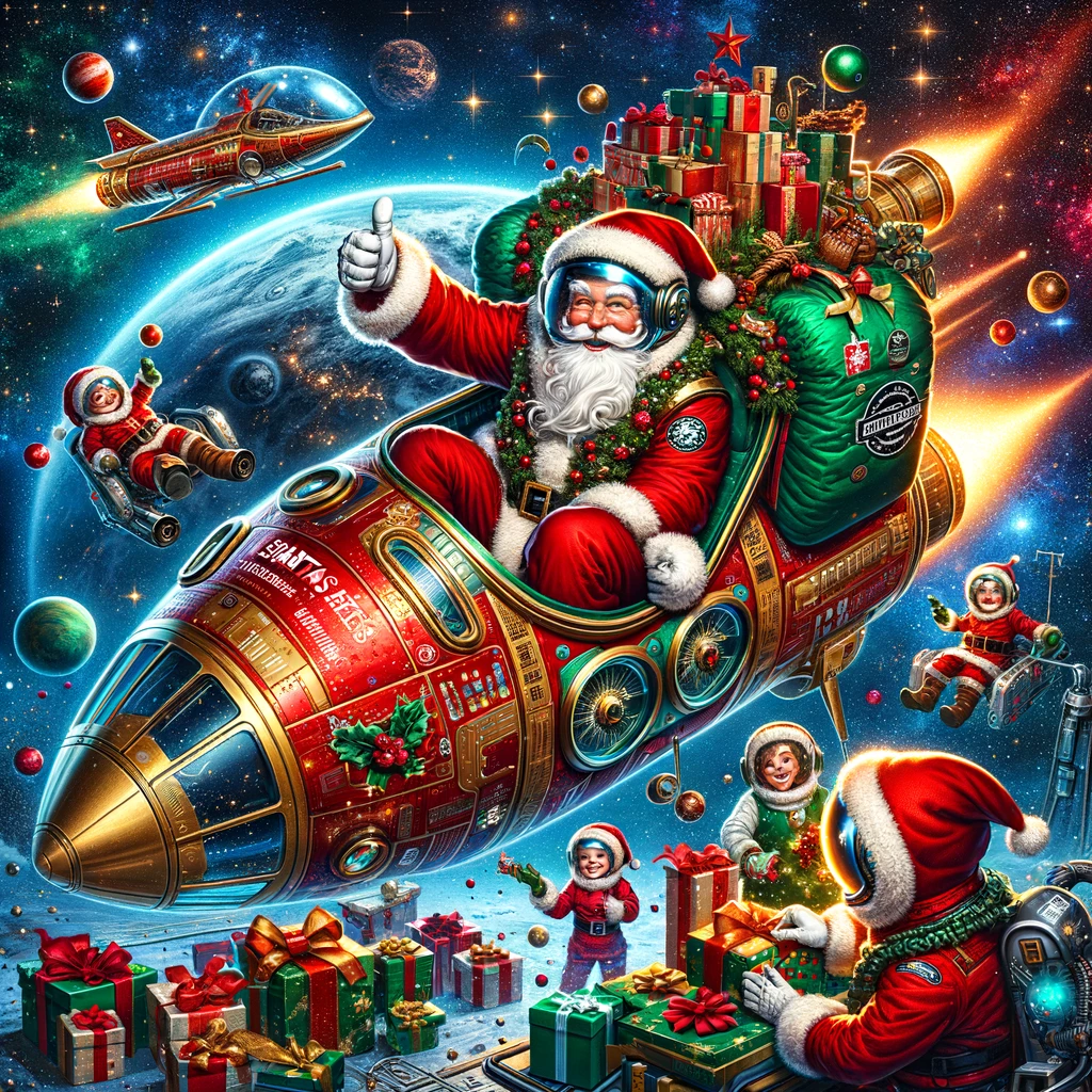 Santa Claus is cheerfully giving a thumbs-up while seated on 'The Santa Express,' a festively decorated, red and gold spacecraft adorned with Christmas wreaths and the branding 'Rocketbreaks'. In the cosmic backdrop, elves in space suits float among stars, planets, and distant galaxies, wrapping gifts and enjoying zero-gravity. Earth is prominently displayed in the background, with a shuttle and an elf nearby, capturing the spirit of holiday adventure in space