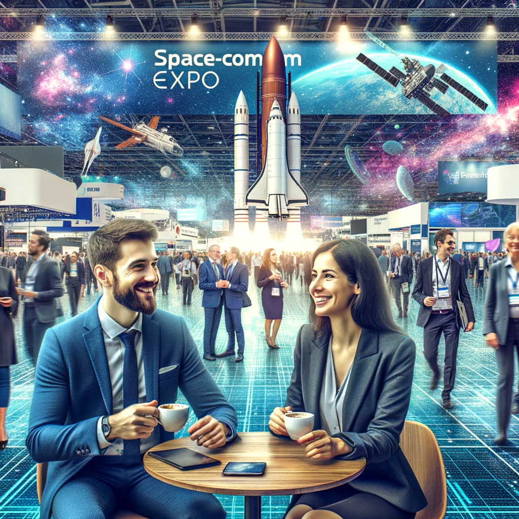 Vibrant scene at Space-Comm Expo with two professionals, a man and a woman, smiling and conversing over coffee in a lively exhibition hall filled with innovative space technology displays and diverse attendees, highlighting the energetic and future-focused atmosphere of the event.