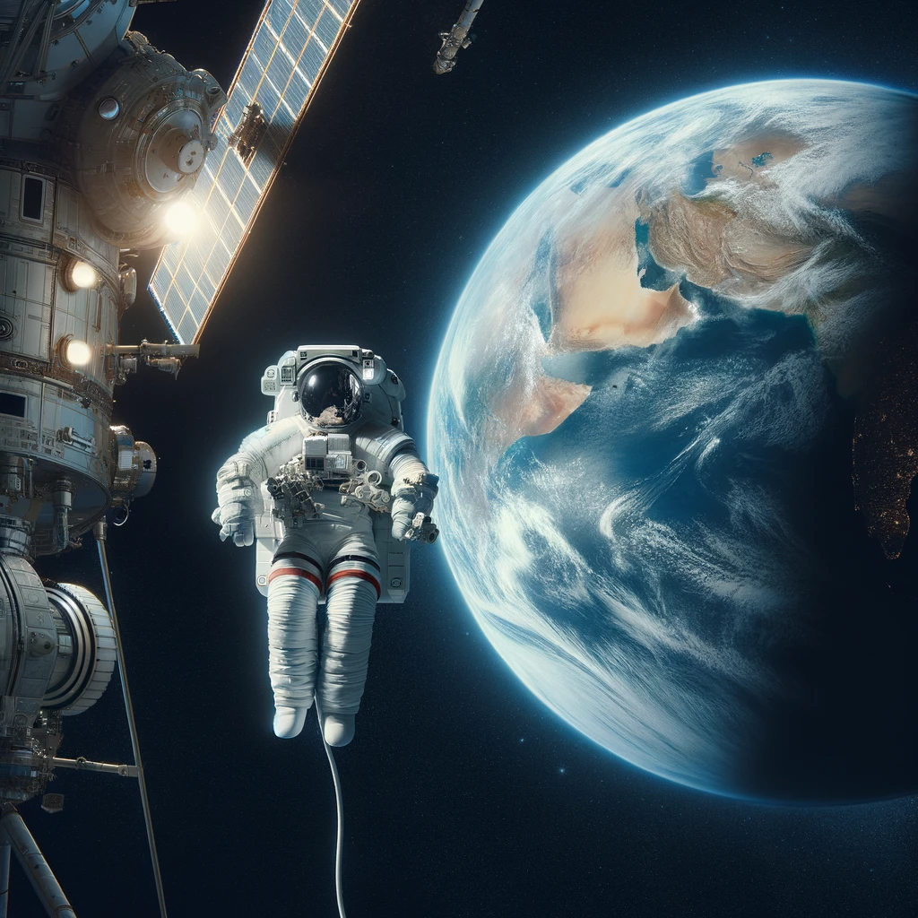 Space Tourism 101 - An astronaut in a white and gray spacesuit is seen floating in space, tethered by a cable to a spacecraft. The Earth looms in the background as a vibrant blue-and-white sphere, set against the blackness of space. The scene captures the vastness and isolation of space, with the Earth appearing as a distant, serene orb.