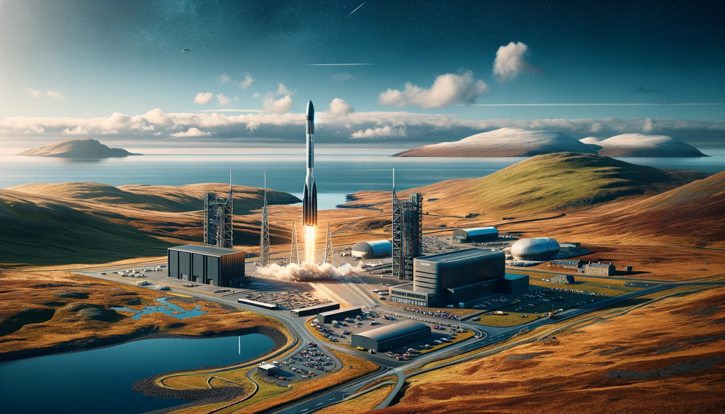 Panoramic view of SaxaVord Spaceport in Shetland Islands, showing modern launch pads and control centers amidst rugged terrain. Foreground features sleek vertical rocket ready for launch under vivid blue sky with wispy clouds, symbolizing the dawn of a new era in UK space exploration.
