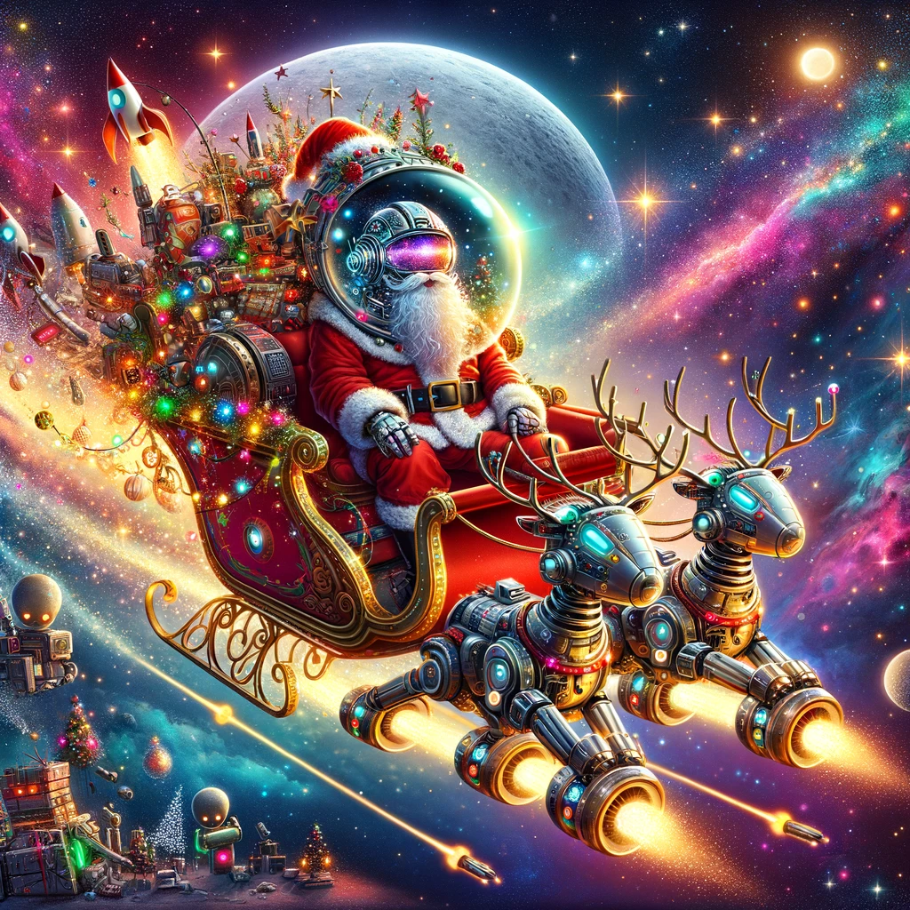 Whimsical illustration of Santa Claus in a space-adapted red and white suit, sitting in his sleigh transformed into a space vessel with rocket boosters and Christmas lights. Robotic reindeer lead the way through a star-filled cosmos, with galaxies and twinkling stars. A smiling moon overlooks the scene, while a trail of stardust and festive lights adds magic and movement to the enchanting space adventure.