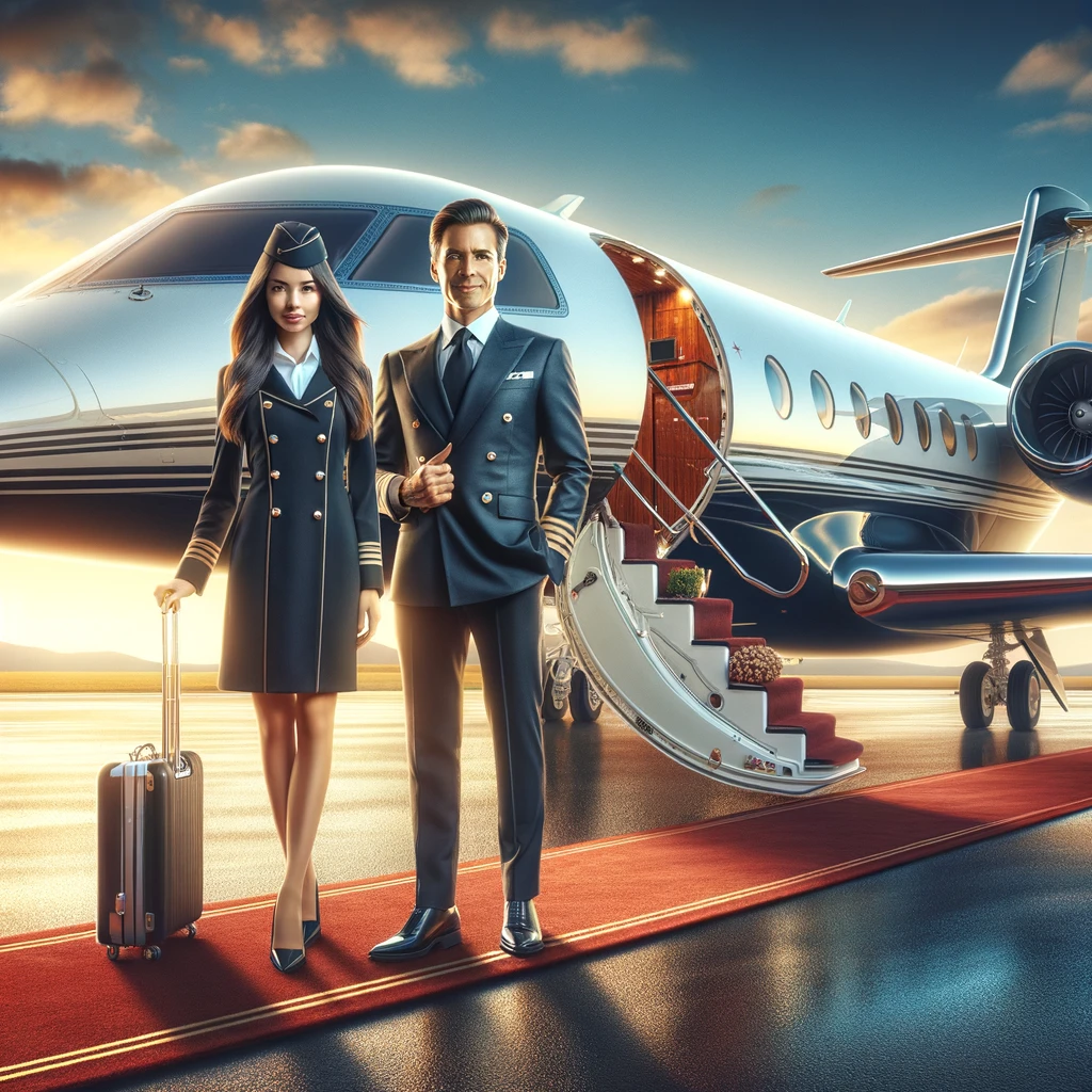 Modern private jet on runway under clear blue sky, with professional pilot and flight attendant greeting, red carpet leading to open jet door, and text 'Experience the Pinnacle of Private Aviation - Admiral Jet & RocketBreaks: An Exclusive Partnership'