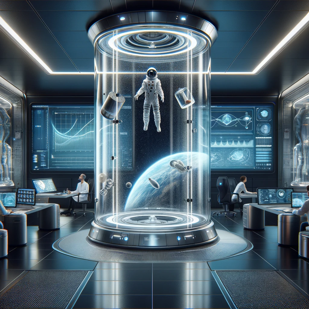 Modern room with a transparent, cylindrical anti-gravity chamber in the center, where a person in a space suit floats weightlessly among objects. Surrounding the chamber are control panels, scientists, and technicians monitoring screens displaying graphs and data on gravity and space physics. The room is illuminated by blue and white LED lights, creating a futuristic and scientific atmosphere.