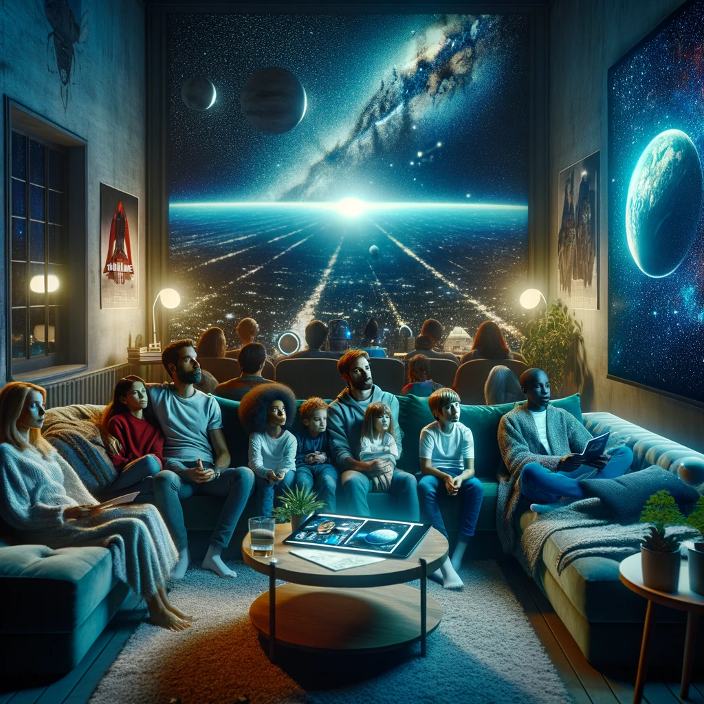 A diverse family enjoys a space-themed movie on a plush sofa, illuminated by a bluish light, with a stunning view of the cosmos and Earth through a window. A brochure for RocketBreaks space travel rests on a nearby table, amidst decorations of iconic space movies, blending cinematic space journeys with real space exploration.