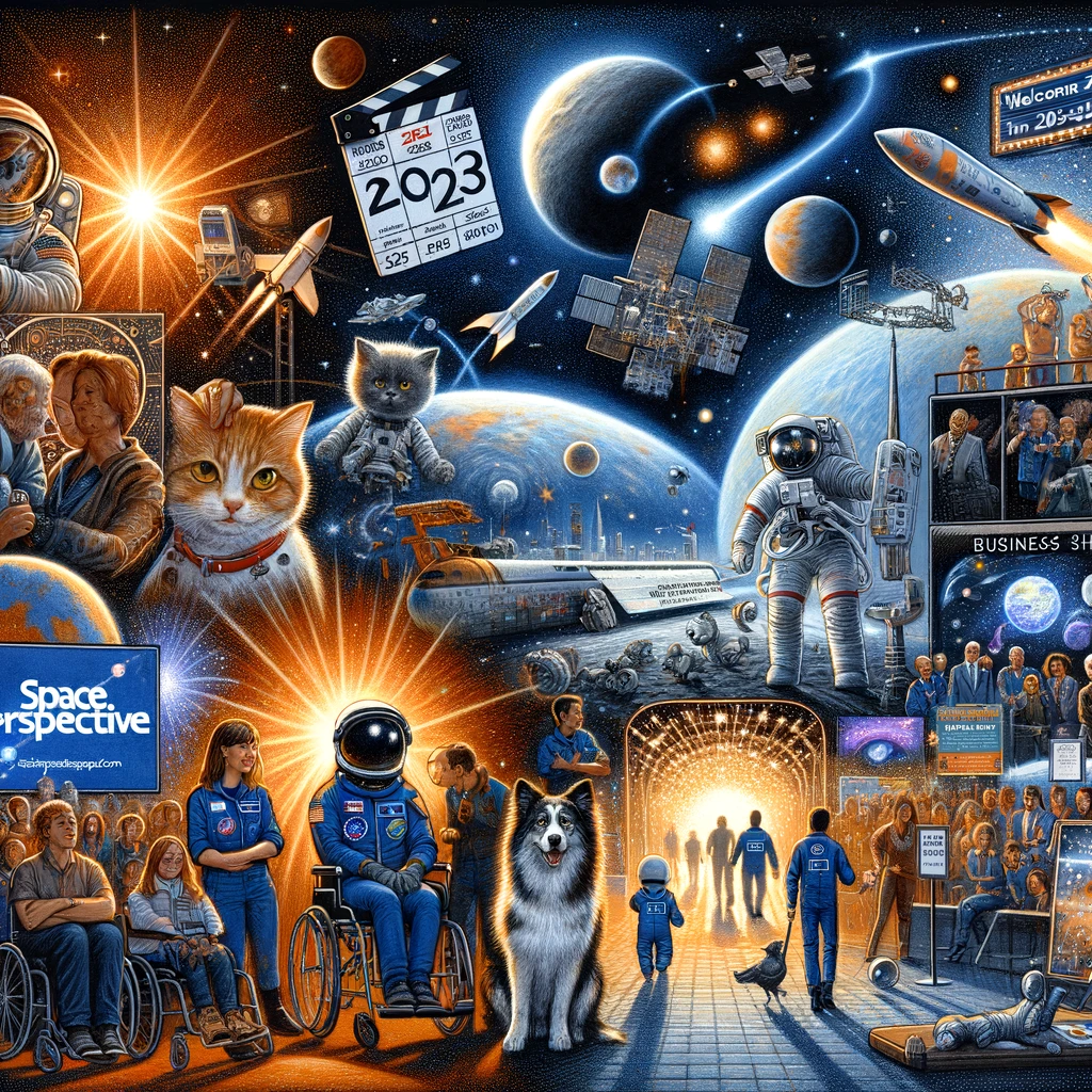 Collage depicting key events from 2023 in space exploration. Includes artistic representations of animals in astronaut suits, a diverse group of people with disabilities engaging in space activities, a spacecraft orbiting a planet symbolizing NASA projects, a revamped website interface with SpacePerspective.com logo, a film clapperboard for a 2024 TV Show, and a bustling scene from the Space Expo in Farnborough. Concludes with an image of the Business Show at the London Excel Centre and a calendar icon with '2024' beside a launching rocket, capturing the essence of 2023's space adventures