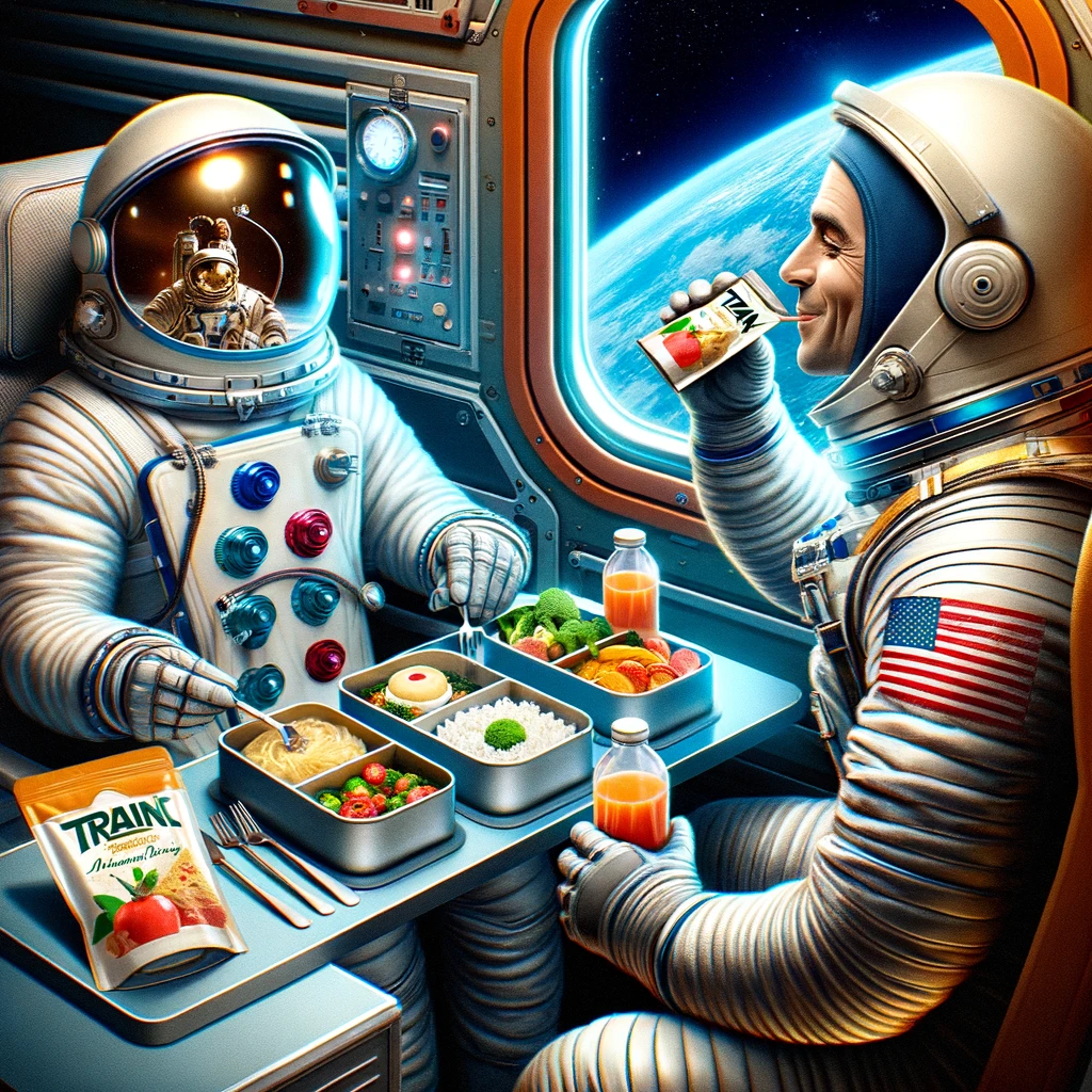 Modern astronaut in a space suit sitting inside a spacecraft, enjoying an array of gourmet space foods in special containers, with a view of Earth from space in the background. An inset image shows a 1960s astronaut drinking Tang, illustrating the evolution of space cuisine