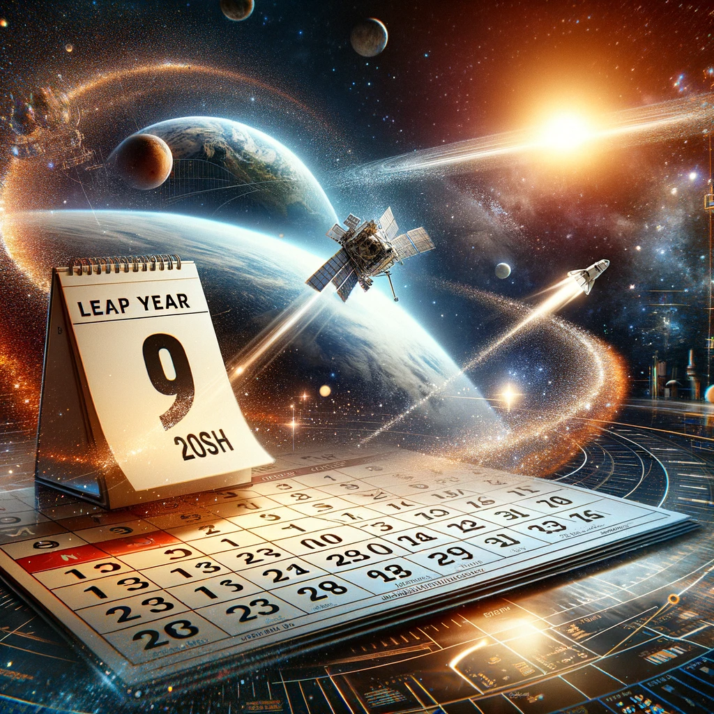 A calendar with an extra Leap Year day merging into a cosmic background, featuring a spacecraft orbiting Earth, symbolizing the synchronization of Leap Year timekeeping with space exploration