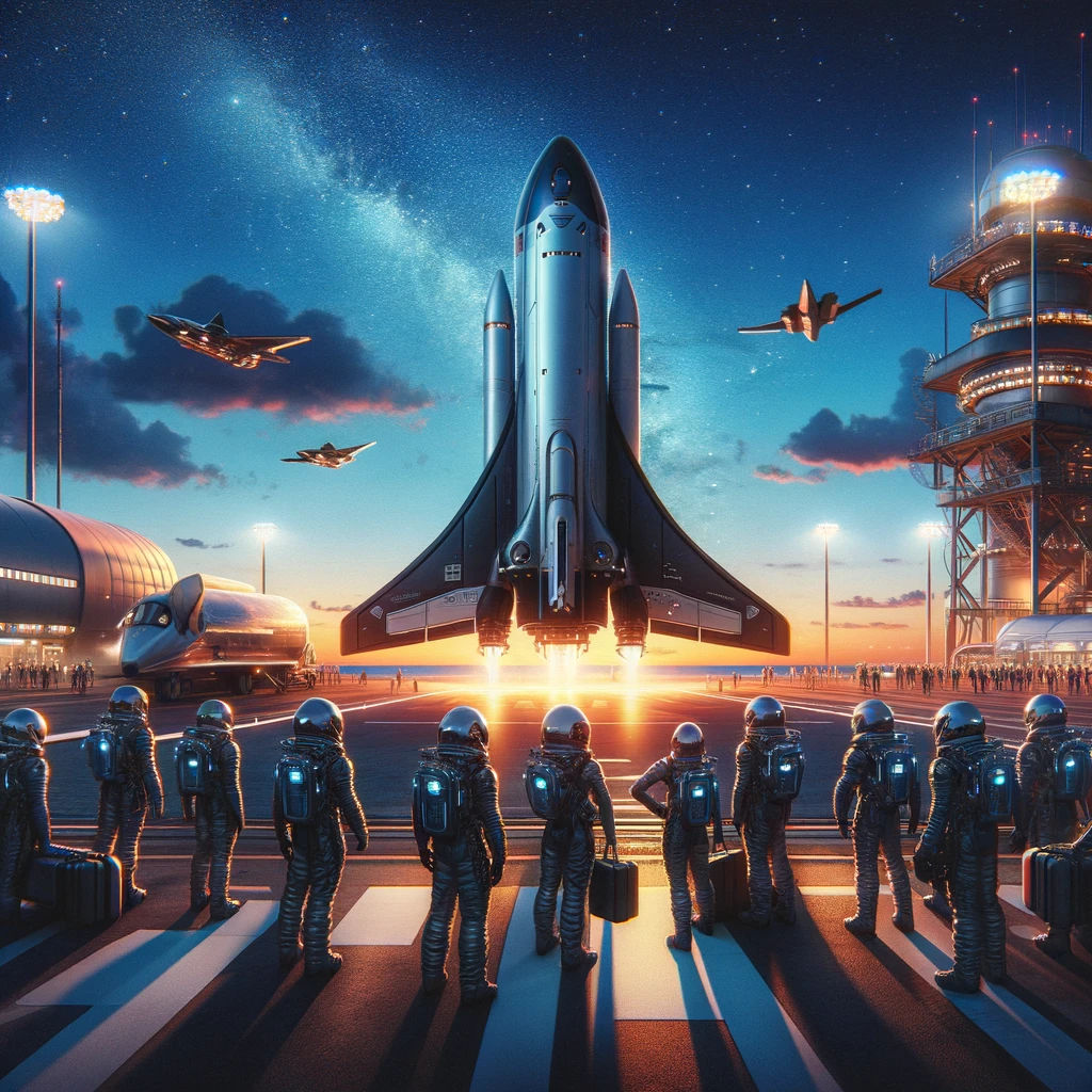 Twilight scene at a spaceport with a futuristic spacecraft ready for launch. A group of passengers in space gear excitedly approach the spacecraft, which features the RocketBreaks logo. The evening sky transitions from deep blue to shades of orange and purple, with stars beginning to twinkle, symbolizing the start of an adventurous space journey