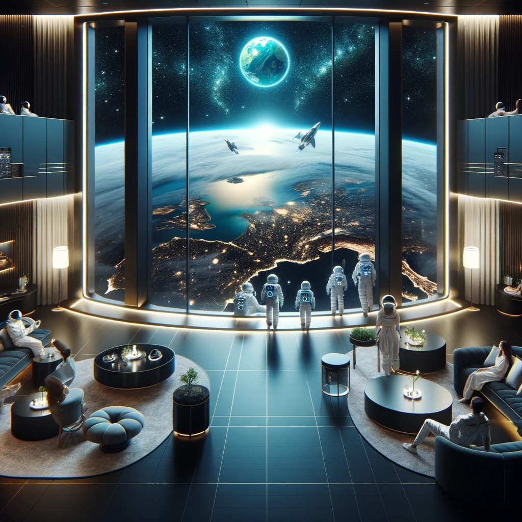 Luxurious space hotel interior with guests in zero-gravity attire viewing Earth from a large window, highlighting the beauty and fragility of the planet against a backdrop of twinkling stars in space the keyphrase is sustainable solutions for space tourism
