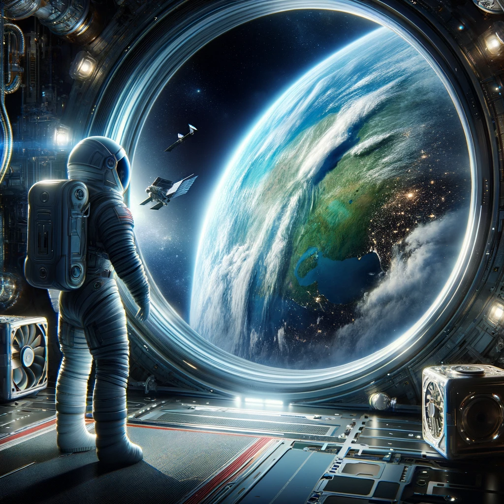 An astronaut in a modern space suit stands at the open hatch of a spacecraft, gazing out at Earth from orbit. The planet shines as a vibrant mix of blues, greens, and whites against the dark backdrop of space, symbolizing the infinite beauty and possibilities of the cosmos