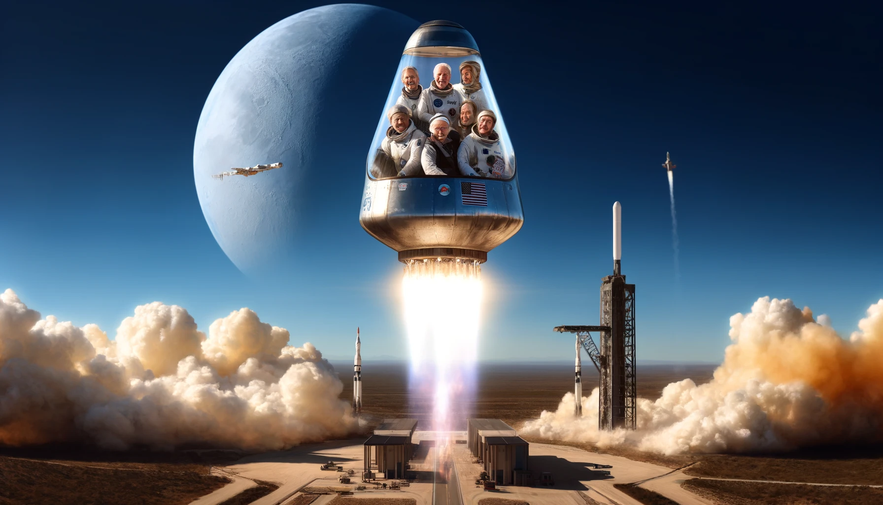 Blue Origin resumes passenger flights Rocket launching into a clear blue sky with a diverse crew of six passengers aboard, resembling the New Shepard capsule, with the West Texas desert landscape in the background.