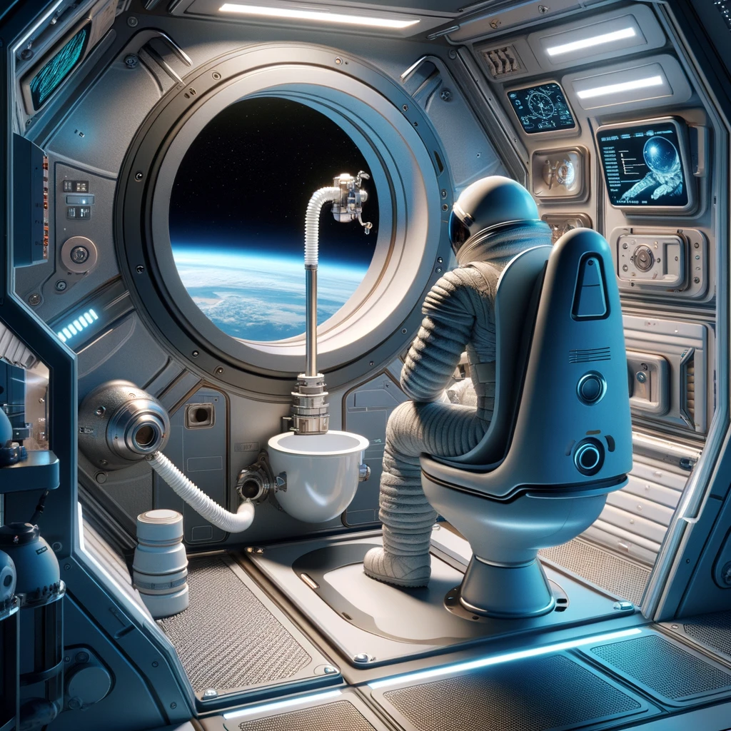 An astronaut uses advanced space toilet technology aboard a spacecraft, depicted in zero-gravity with a high-tech, compact toilet, and Earth visible through a window, illustrating the innovative solutions for basic human needs in space