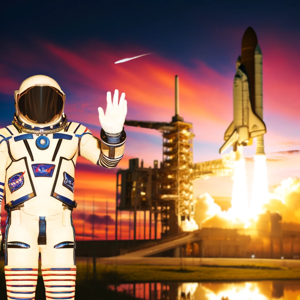 Sunita Williams, an astronaut in her space suit, standing confidently with her helmet under her arm, with a rocket launching into the colorful sunset sky at Kennedy Space Centre in the background.