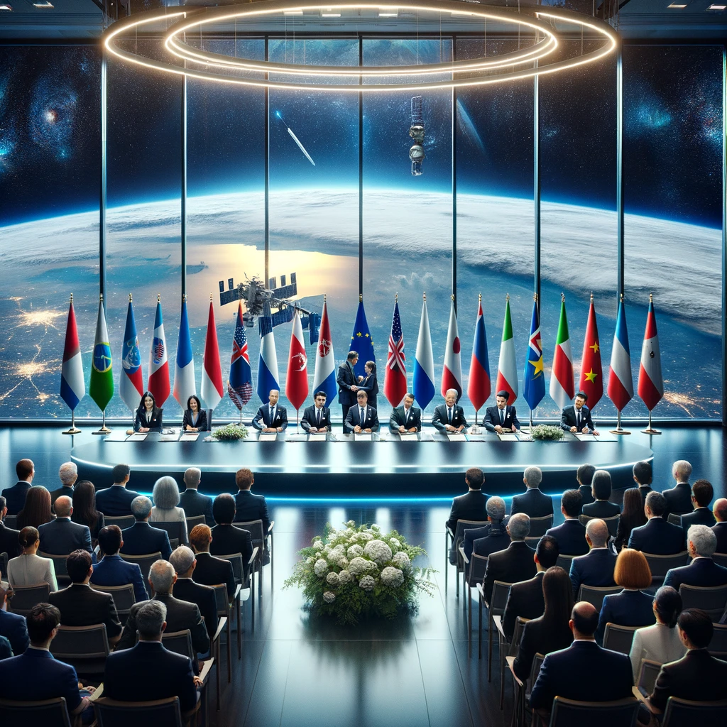 Representatives from twelve countries and ESA officials signing the Zero Debris Charter in a modern conference room with large windows showing a view of Earth from space. Flags of the participating countries are visible, creating an atmosphere of collaboration and commitment to space sustainability