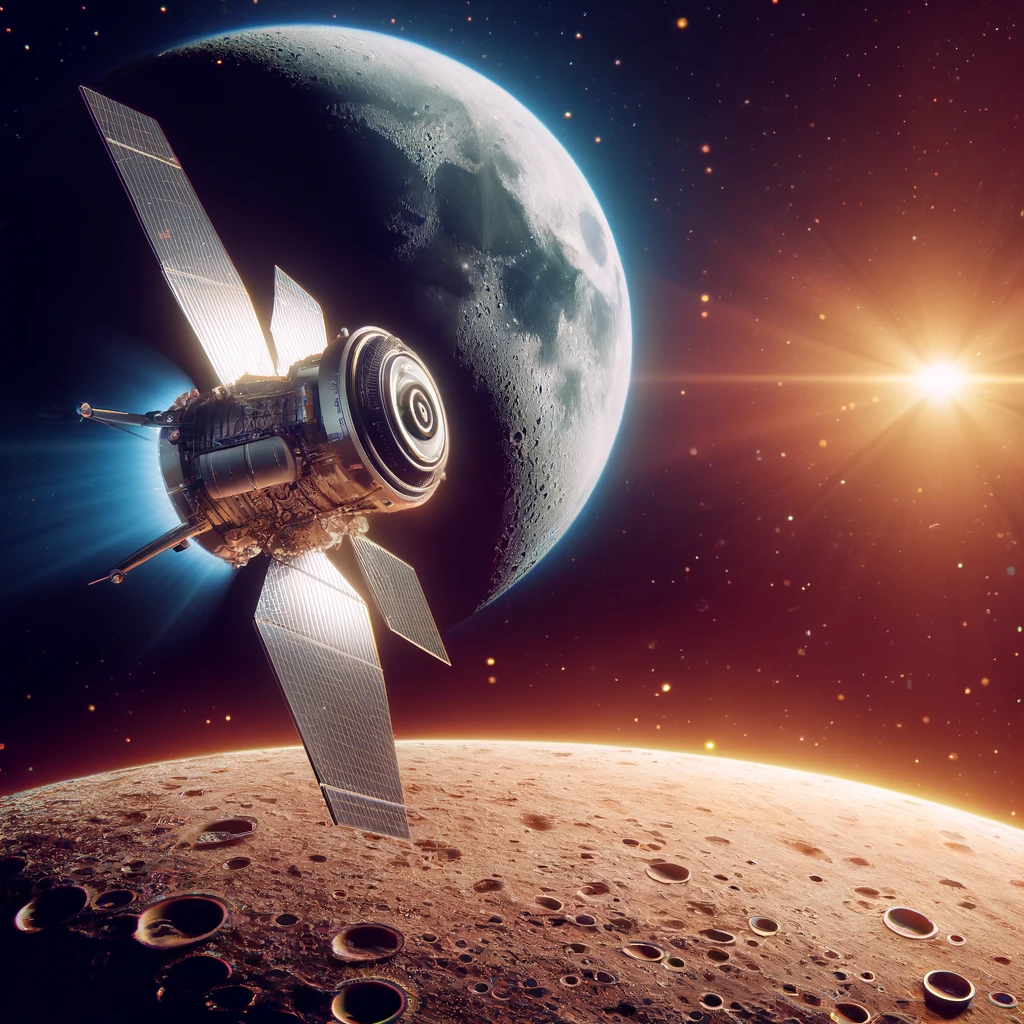A futuristic spacecraft in orbit around the moon, with the moon's surface below and Earth in the distant background. The scene captures the vastness of space and the ambition of space exploration.