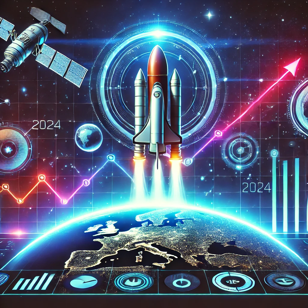 Futuristic stock exchange graph depicting elements of the space industry, including rockets, satellites, and upward trending lines, set against a backdrop of space, Earth, and stars. The vibrant design features neon colors, reflecting the innovation and excitement of the space industry in 2024