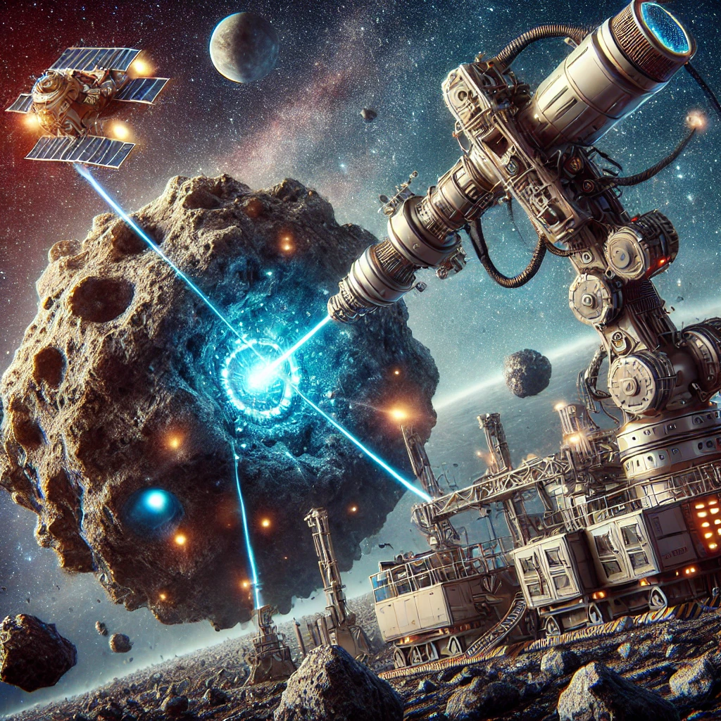 A futuristic space scene showing an asteroid being mined by advanced robotic machinery, with robotic arms, drilling tools, and laser devices extracting precious metals and minerals. The asteroid is surrounded by stars and distant planets, with a nearby spaceship or space station indicating human presence and control over the mining operation.