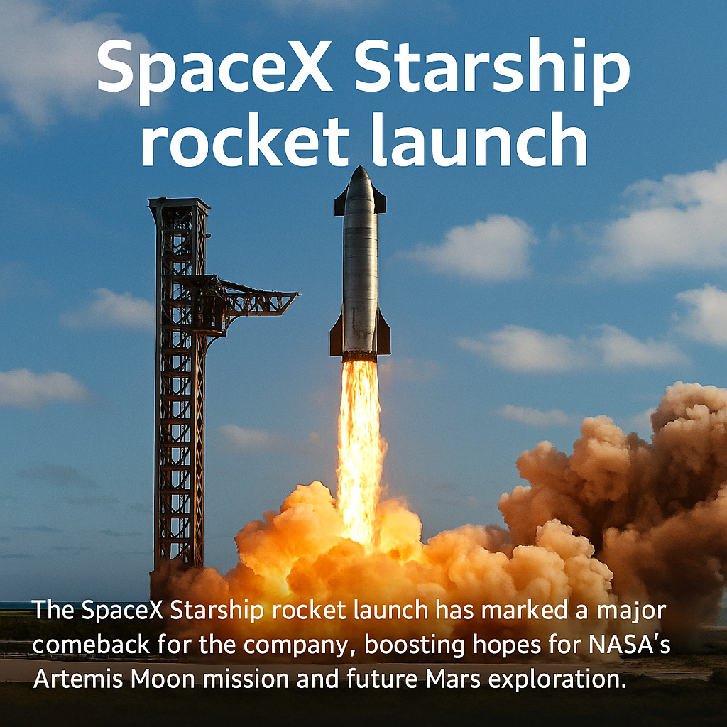 A square-format image of a SpaceX Starship rocket launching from its pad, with bright flames and smoke beneath, the metallic rocket ascending into a blue sky, and bold white text reading “SpaceX Starship rocket launch.”
