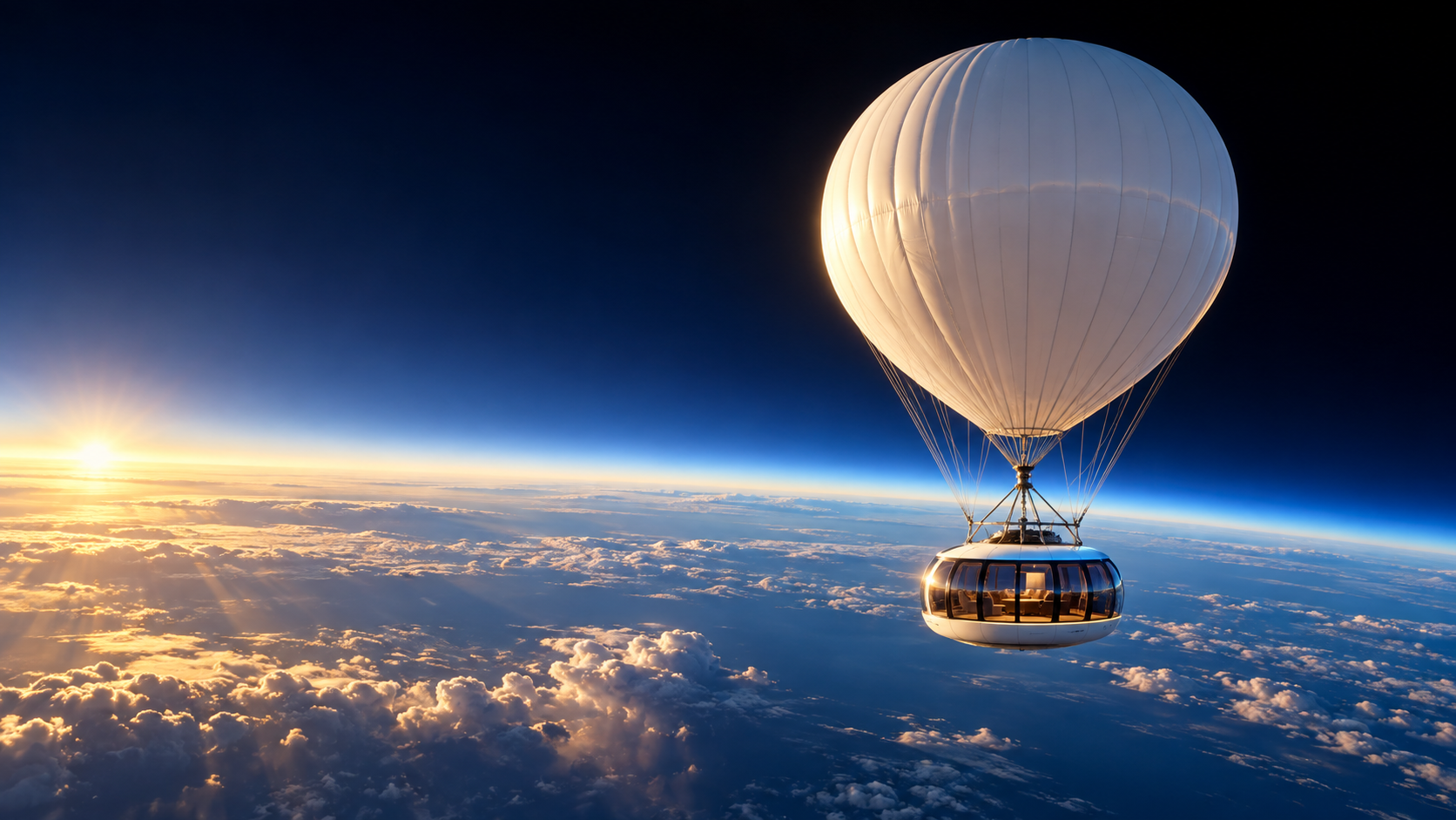Luxury stratospheric balloon capsule flying above Earth at sunrise