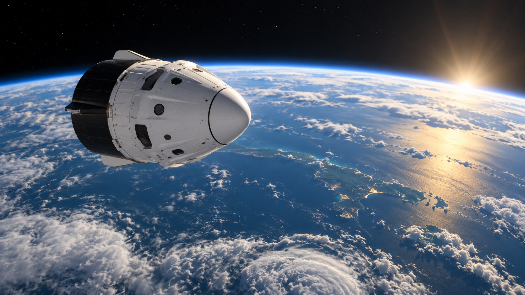 Artist’s illustration of a Crew Dragon-style spacecraft above the blue Earth at sunrise.