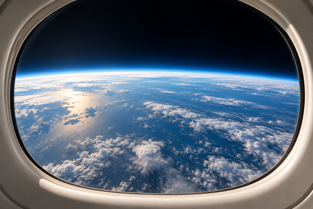Illustration of Earth through a spacecraft window accompanying the Virgin Galactic bookings update