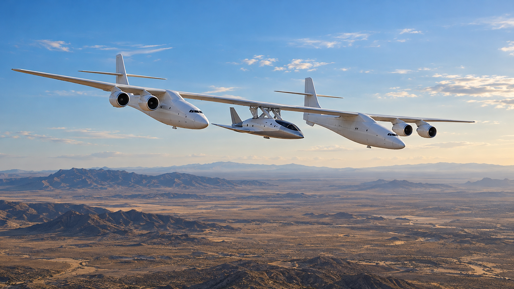 Artist’s impression illustrating the Virgin Galactic Apeiron arrival, with a spaceplane carried beneath a twin-fuselage aircraft over desert