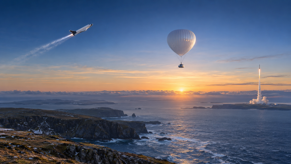 Space tourism in 2027 represented by a spaceplane, stratospheric balloon and UK rocket launch