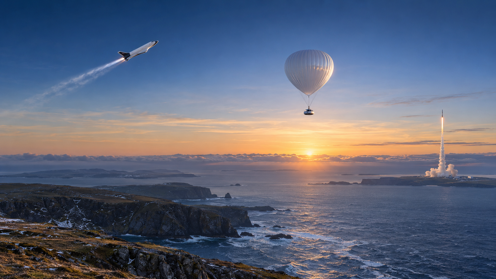 Space tourism in 2027 represented by a spaceplane, stratospheric balloon and UK rocket launch