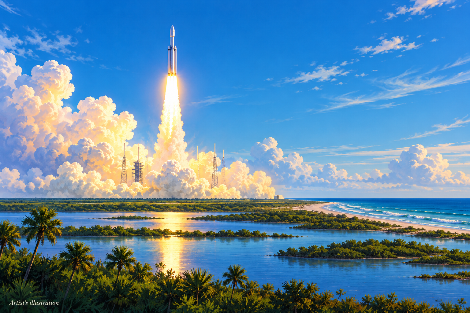 Artist’s illustration of a rocket launching above Florida’s coastal wetlands and ocean