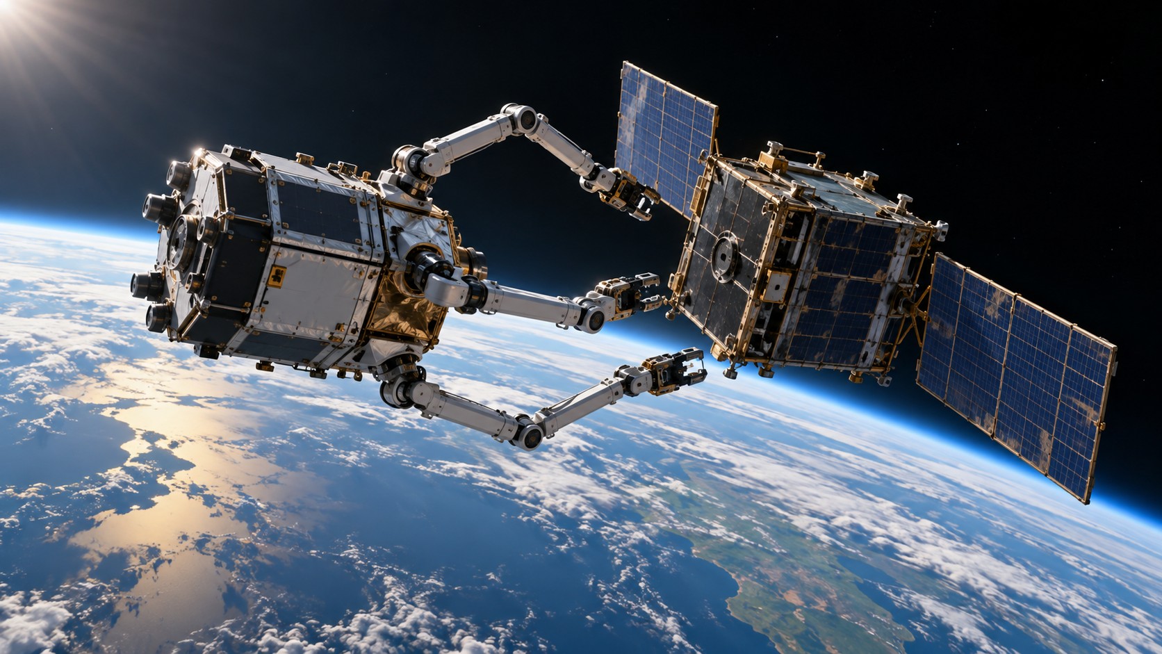 Artist’s impression of a UK space clean-up mission capturing a retired satellite above Earth